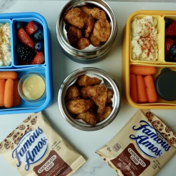 chicken lunchbox with potato salad, berries, carrots and honey mustard.