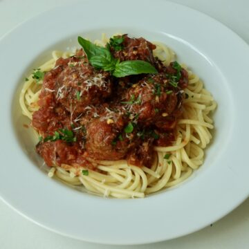 Homemade Italian beef meatballs and spaghetti with tomato sauce