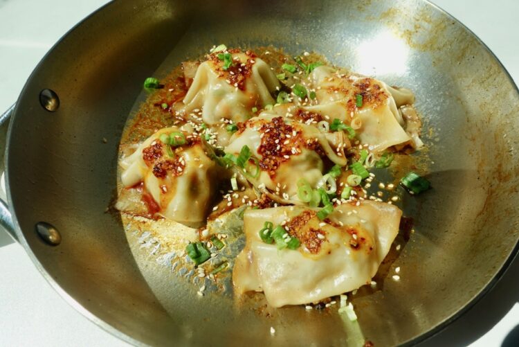 shrimp dumpling blanket with a golden seared bottom and soft wonton wrapper