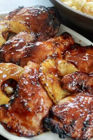 Huli Huli Chicken with grilled pineapple, Hawaiian Mac Salad and rice.