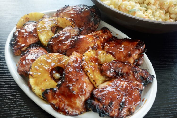 Huli Huli Chicken with grilled pineapple, Hawaiian Mac Salad and rice.