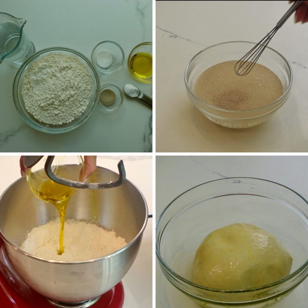 four-step pizza dough process showing ingredients, bloomed yeast, mixed dough and kneaded dough.