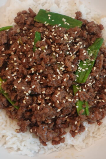 Spicy Mongolian ground beef with green onions served over jasmine rice.