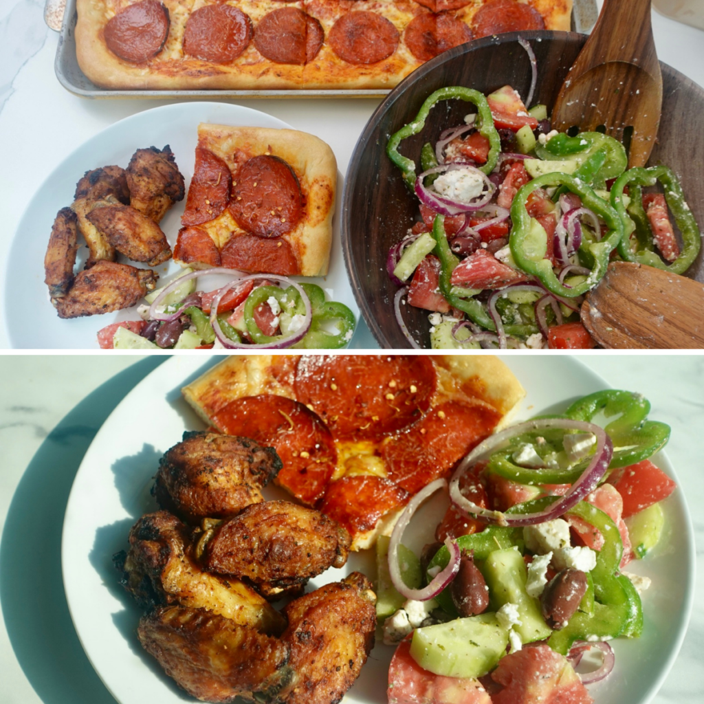 homemade sheet pan pizza served with wings and a salad.